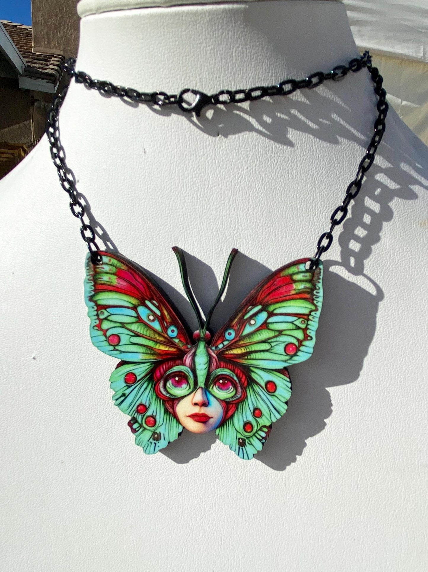Butterfly Necklace, Oddity Design, Beautiful and Strange ~ Laser Cut Wood and Acrylic, Sublimated Image