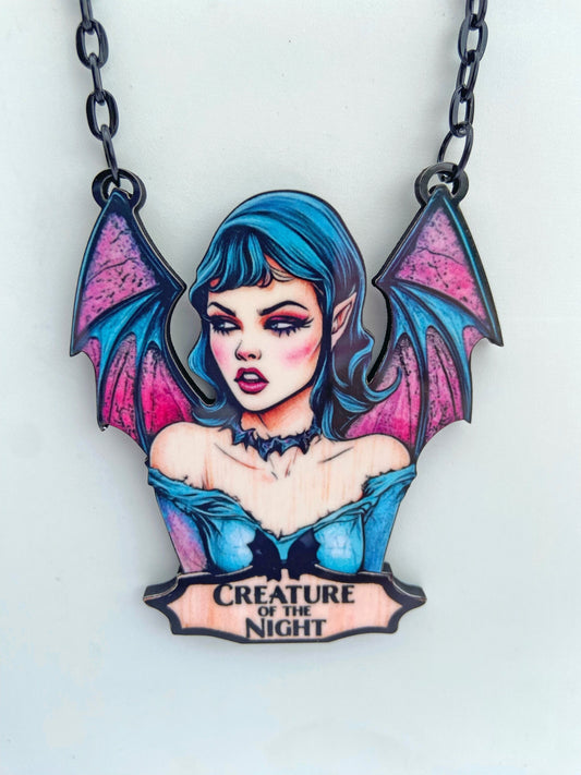 Illustration Art Bat Necklace, Earrings or Brooch ~ Bat Woman / Girl, Creature of the Night ~ Blue and Pinks, Great Gift Idea