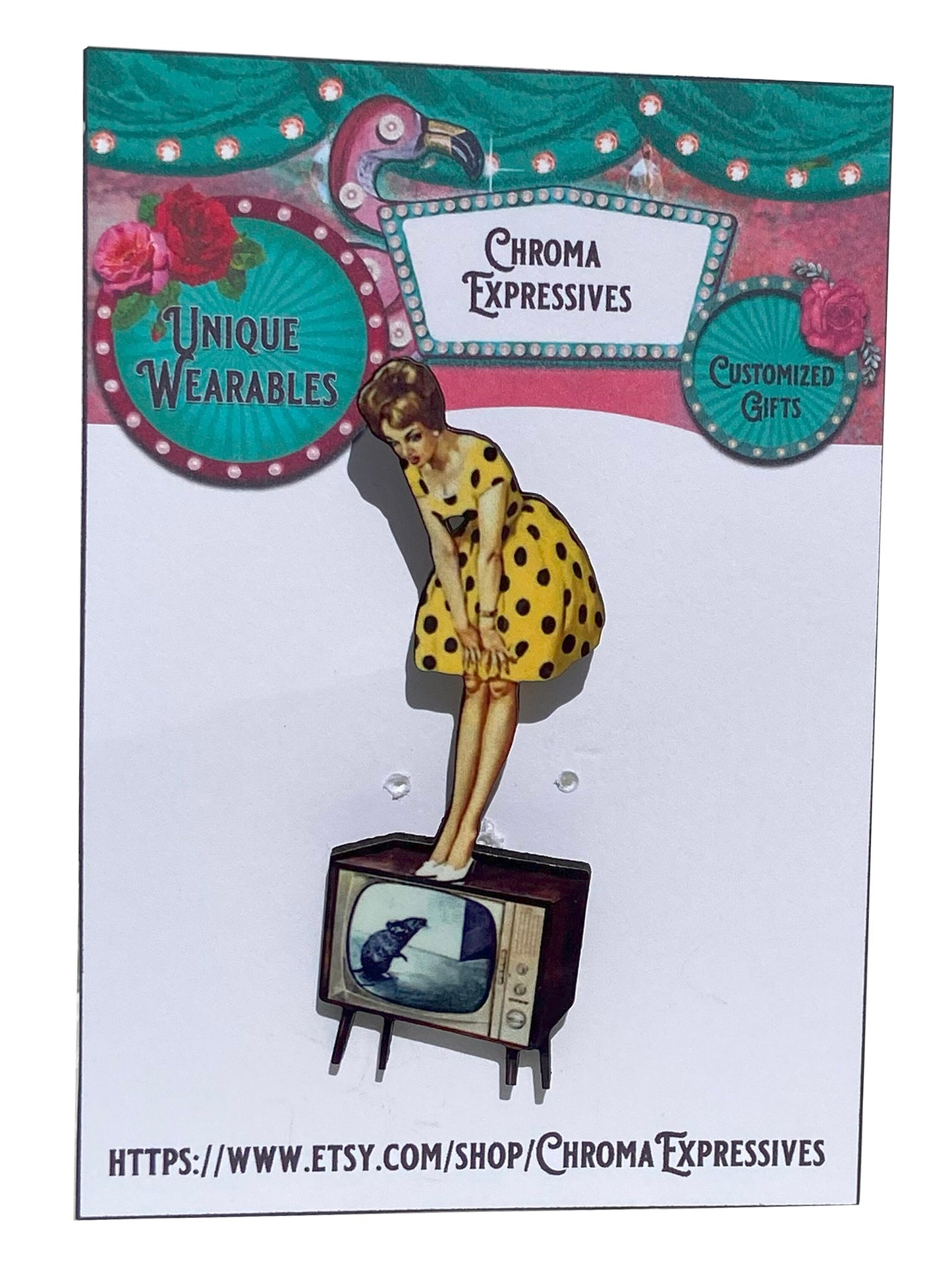 Fun Oddity Brooch of Vintage Lady Standing on TV, She's scared of mouse,  Unique Pin, Wearable Art, Laser Cut Wood Shape, Sublimated Image