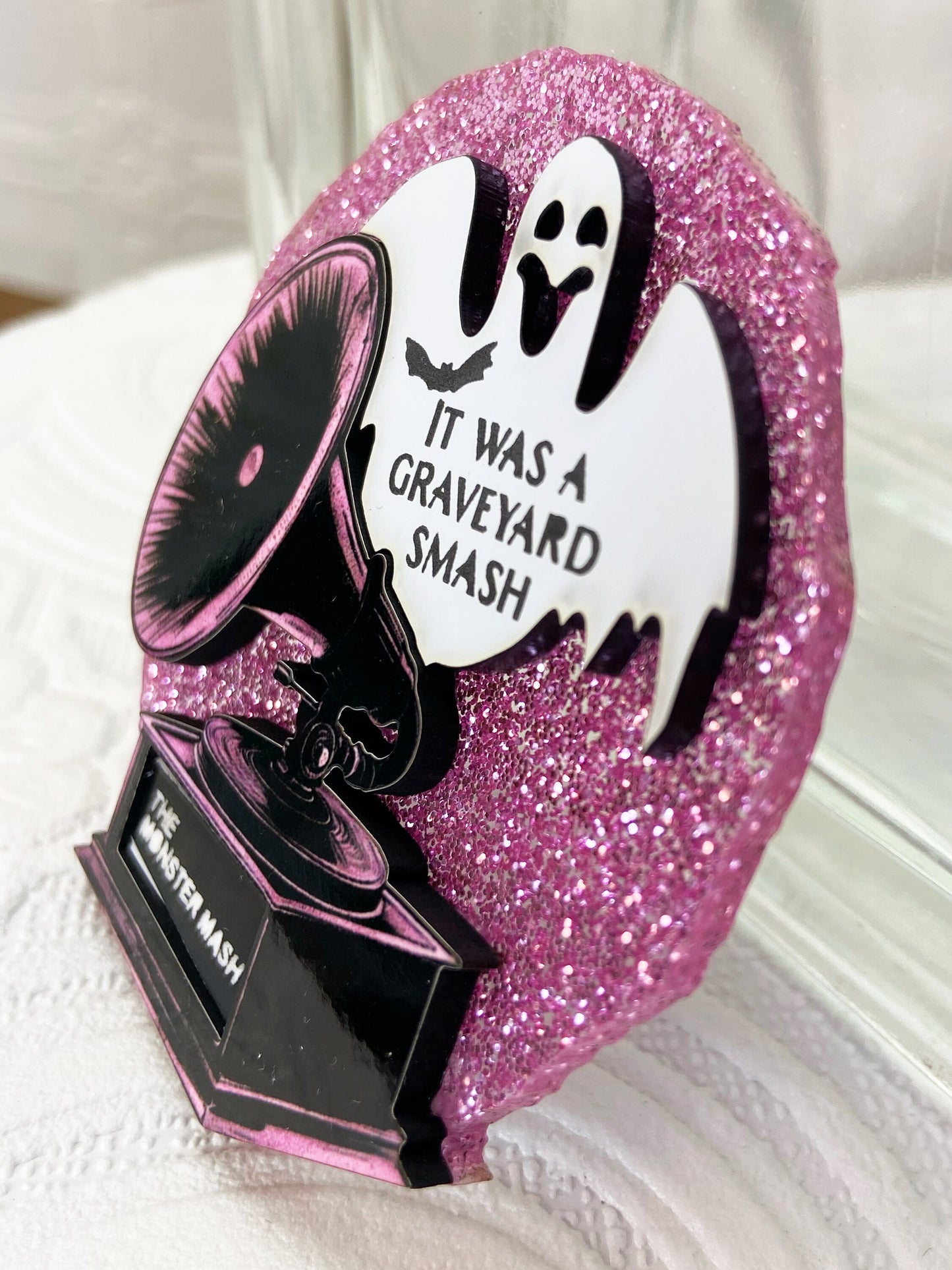 Spooky Brooch, It was a Graveyard Smash, the Monster Mash. Delightful and Impressive.  Laser Cut Wood and Acrylic, Sublimated Illustration.