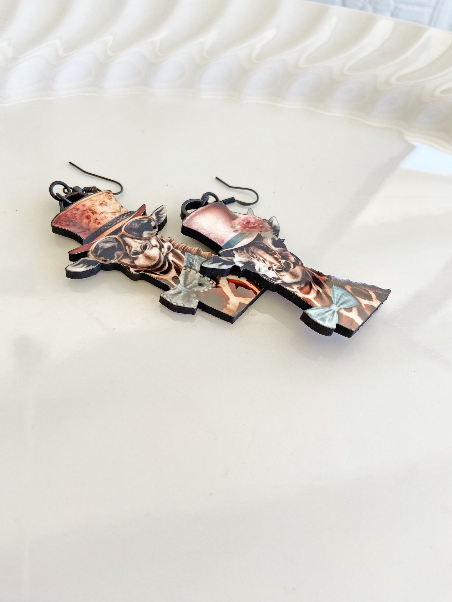 Meet Betty & Frank, Cute Giraffe Couple Earrings ~ Handmade of Laser Cut Wood and Sublimated Image, Illustration Jewelry, Gift Idea