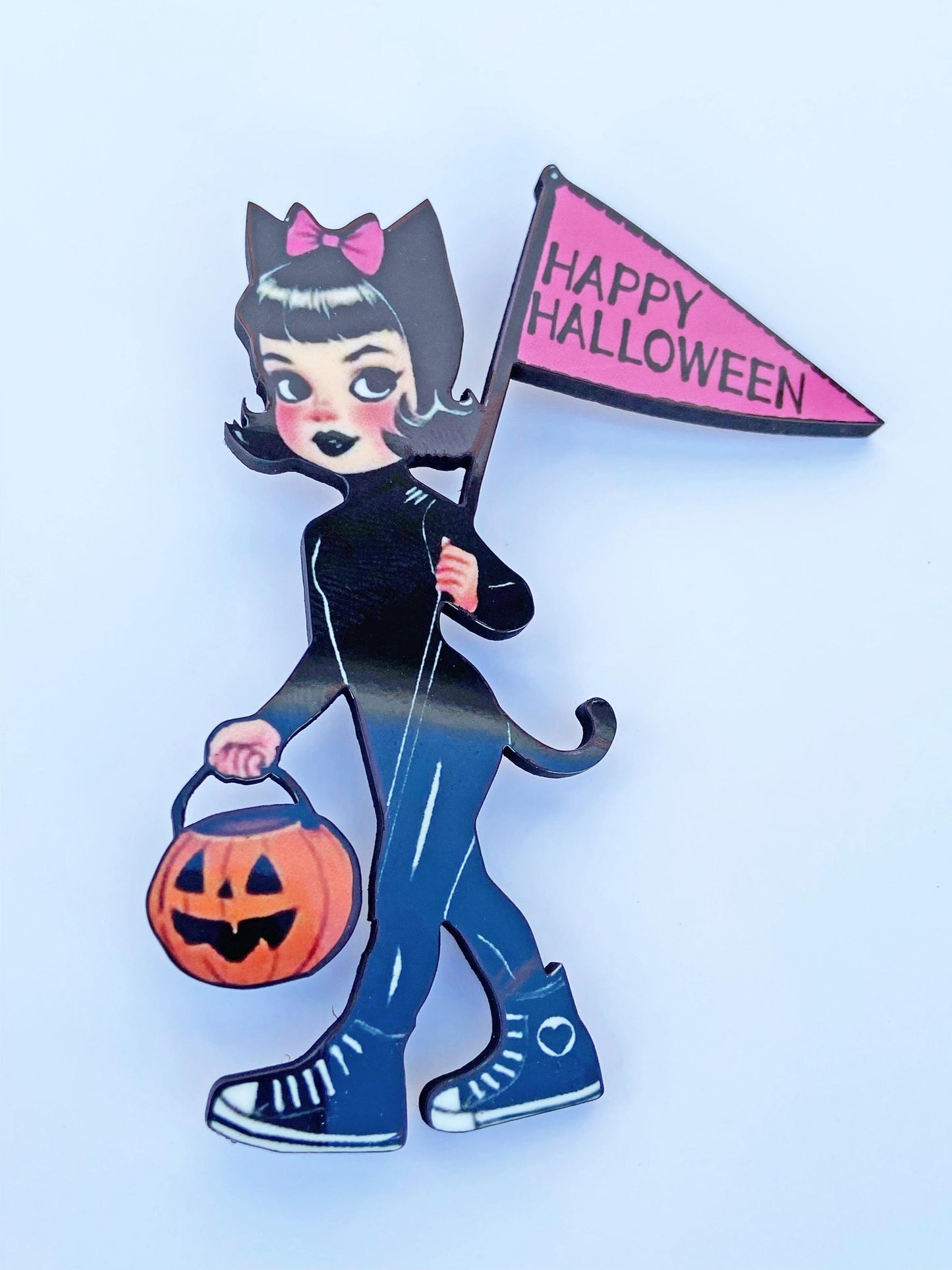 Brooch, Adorable Vintage Halloween Girl Trick or Treating in Cat Outfit ~ Spooky Season Pin ~ Nostalgic Pumpkin Treat Bag ~ Laser Cut Wood