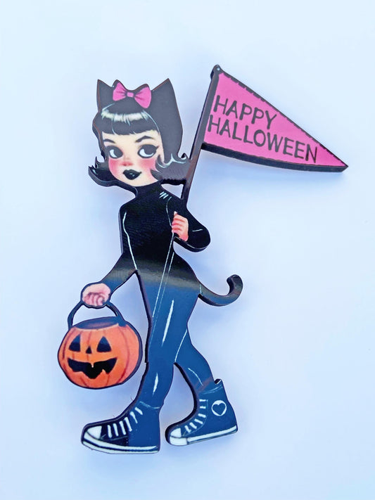Brooch, Adorable Vintage Halloween Girl Trick or Treating in Cat Outfit ~ Spooky Season Pin ~ Nostalgic Pumpkin Treat Bag ~ Laser Cut Wood