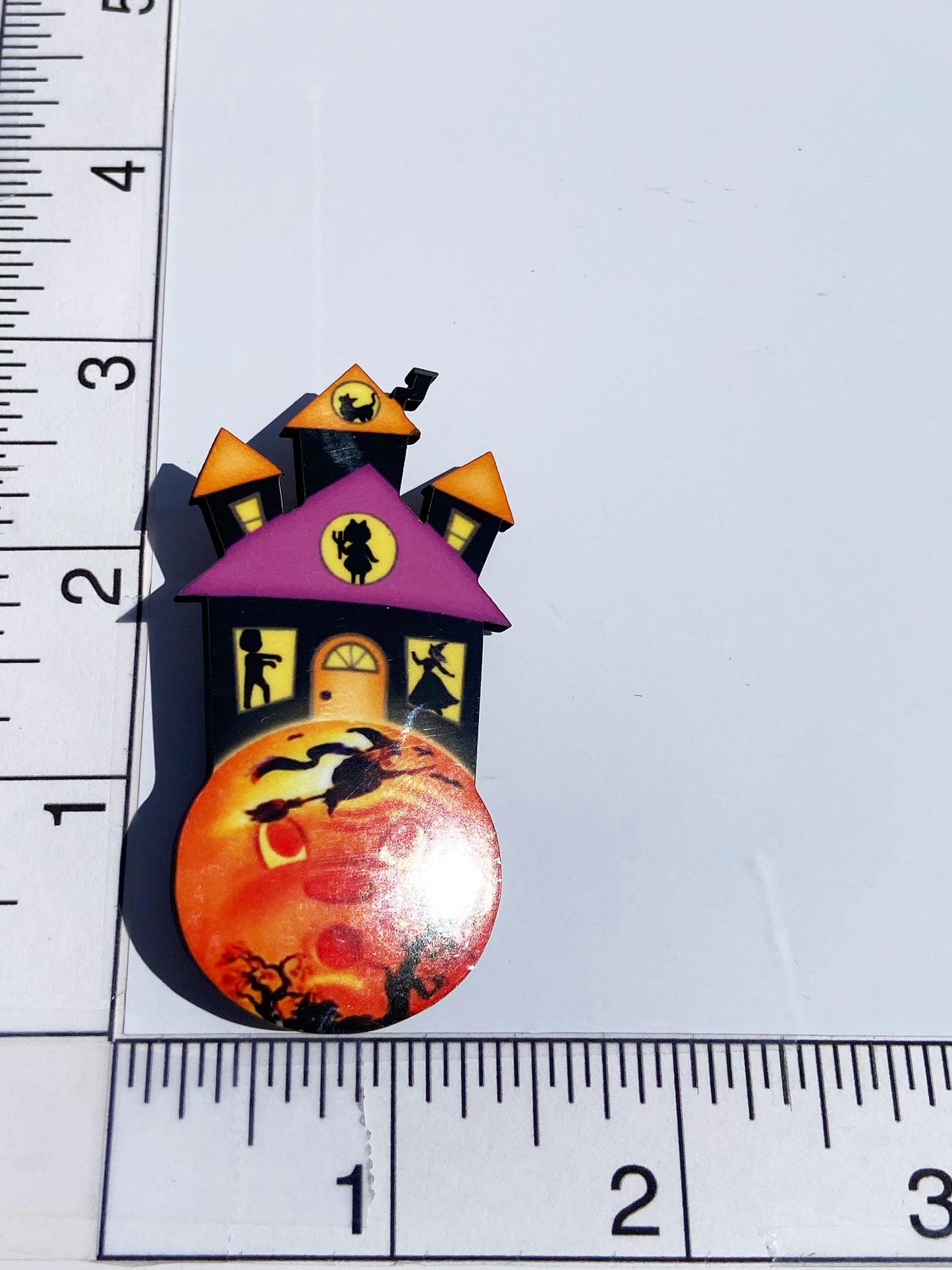 Halloween Brooch, Spooky Season Jewelry, Haunted House, Scared Moon with Witch, Halloween Lover Gift, Laser Cut Wood, Sublimated Image