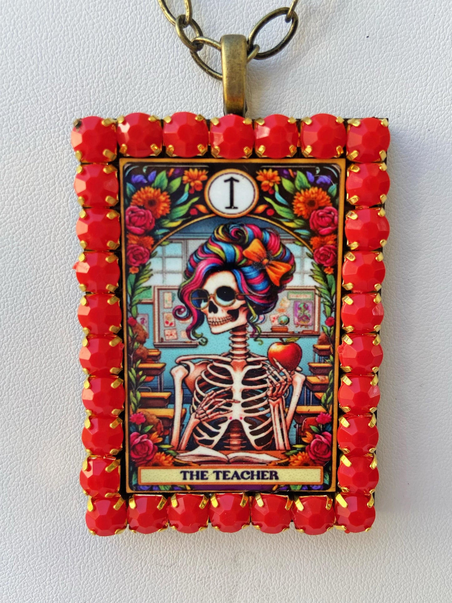 Tarot Card Necklace ~ Plant Lady, Dog Lover, Mom, Teacher, Cool Grandma, Colorful Rhinestones, Laser Cut Wood with Sublimated Images