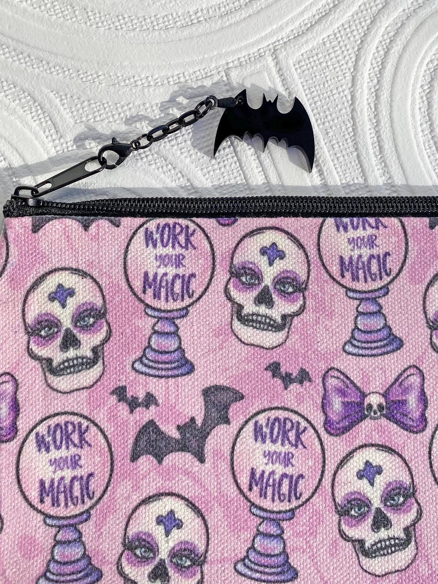 Makeup Bag, Cosmetic Bag, Pencil Bag ~ Goth Theme!  Super Cool and Unique bag, ~ Bats, Skeletons, Crystal Ball in Pink and Purples