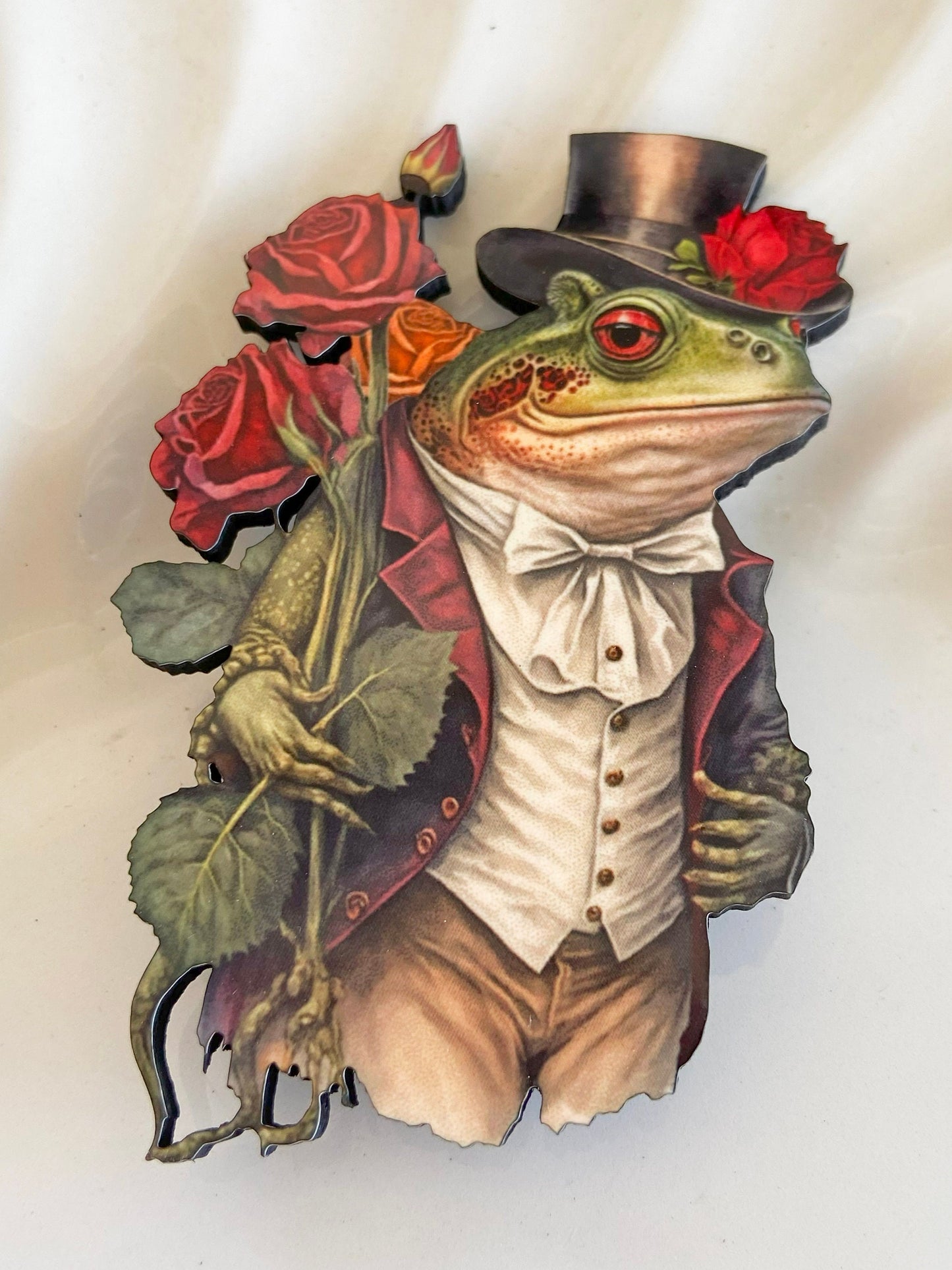 Dashing Mr. Frog Handcrafted Wearable Art / Brooch / Pin ~ Illustration Jewelry ~ Superior Process ~ Fun & Whimsical ~ Wood Sublimation