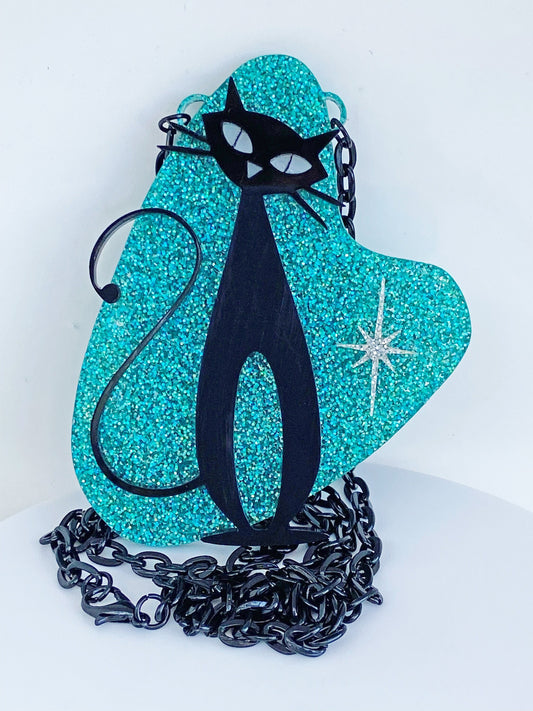 Cool Atomic Cat Brooch or Necklace ~ Teal Glitter Acrylic, Black cat and Silver Glitter Star. ~ Mid Century Modern Wearable Art.