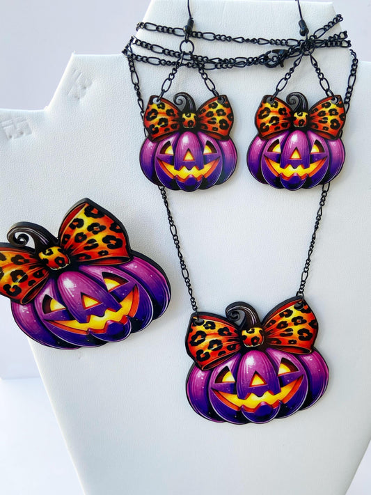 Purple Pumpkin Brooch, Necklace or Earrings, Halloween Jewelry, Spooky Earrings, Wearable Art, Gift for Halloween Lover