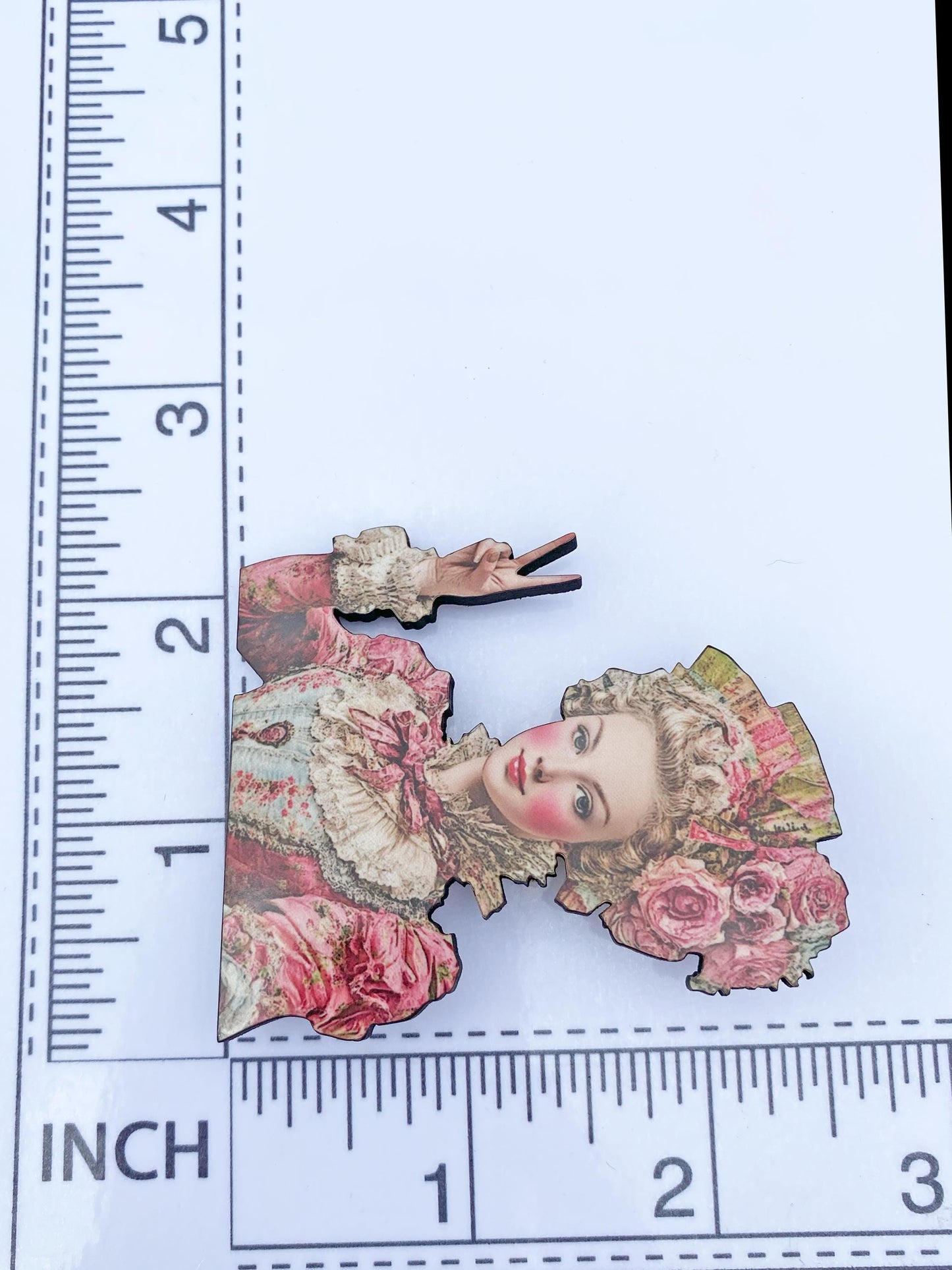Peace, Powder & Petticoats Brooch – Marie Antoinette Laser Cut Wood with Sublimated Design | Playful Rococo-Inspired Statement Pin