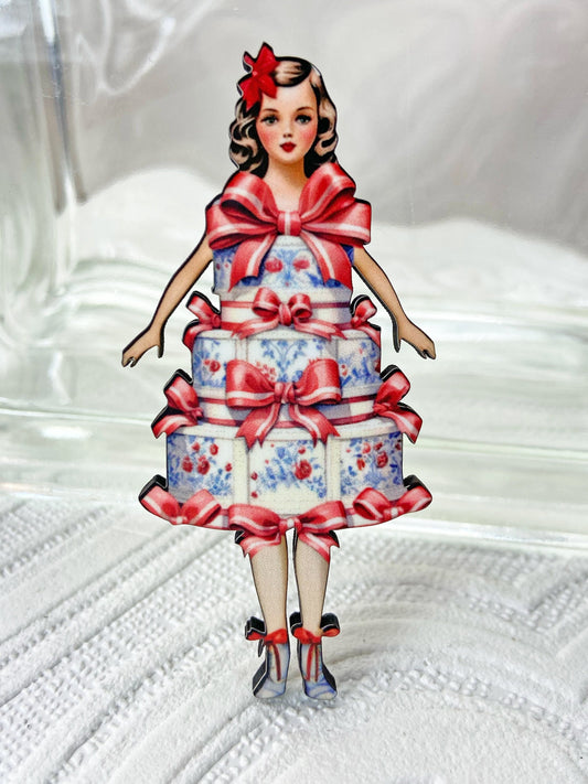 Fabulous Cake Girl Pin / Brooch ~ Laser Cut Illustration Wood, Lightweight, Great Gift Idea ~ Delightful Girl Wearing a Cake, Blue and Red