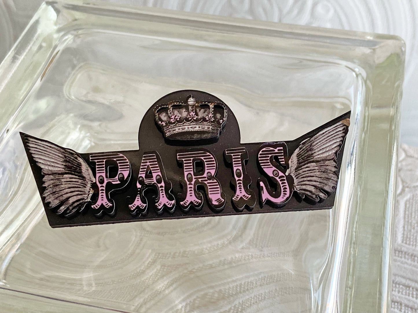 Beautiful Paris Handcrafted Brooch ~ Pink and Black ~ The Letters of Paris are articulated in laser-cut wood with sublimated images.