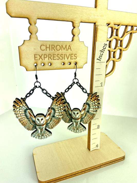 Barn Owl Earrings, Nature Jewelry, Wearable Art, Woodland Creatures, Laser Cut Wood, Sublimated Illustration, Nature Gift Idea