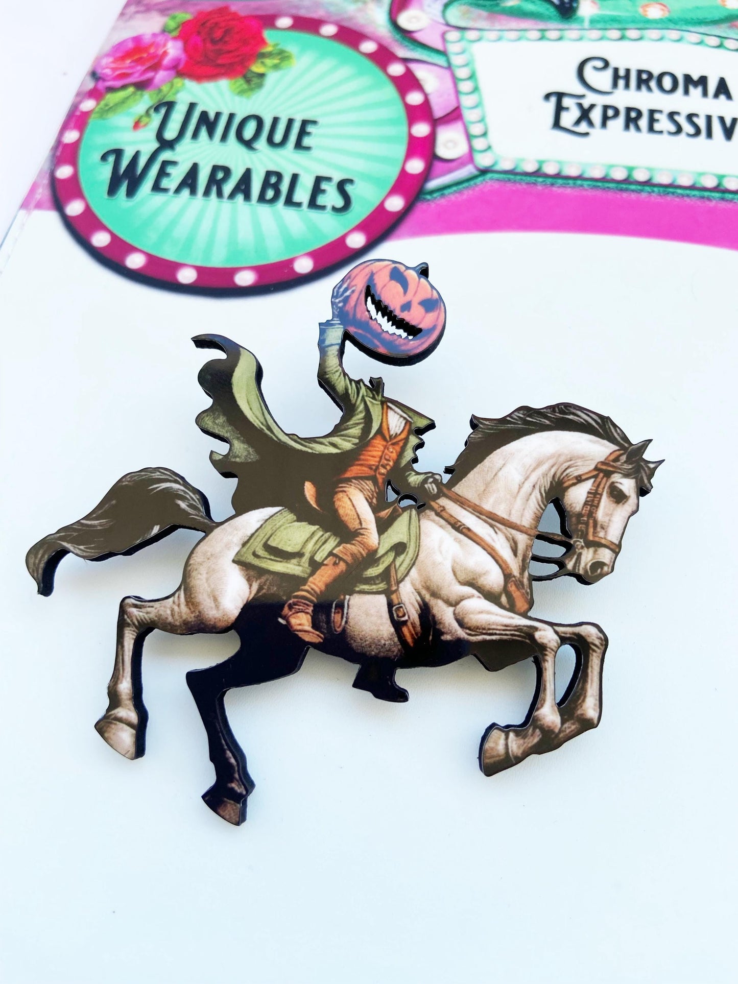 Headless Horseman Brooch / Pin, Spooky Season Jewelry, Illustration Art, Wearable Art, Sleepy Hollow, Ichabod Crane Villain, Halloween Pin