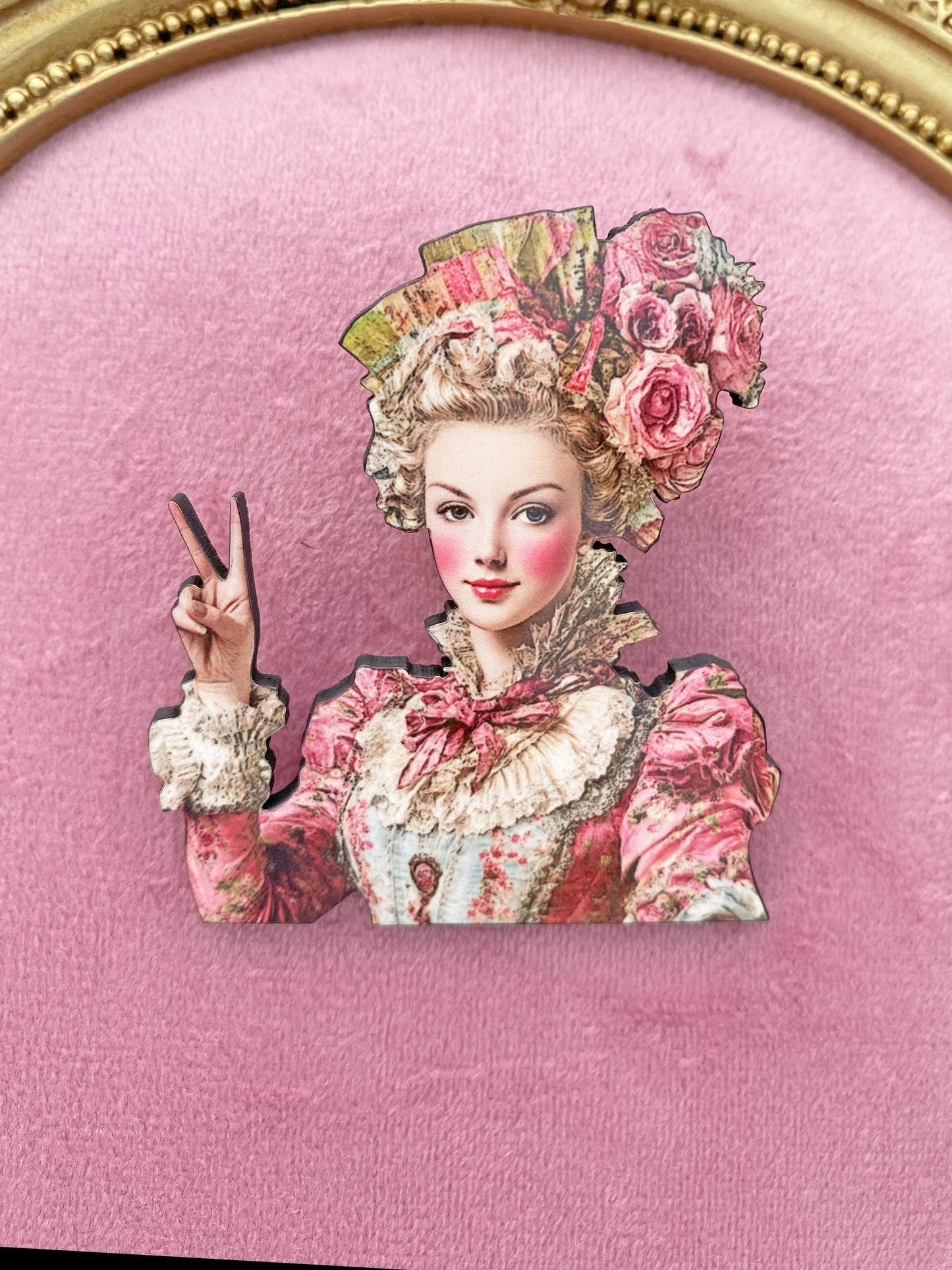 Peace, Powder & Petticoats Brooch – Marie Antoinette Laser Cut Wood with Sublimated Design | Playful Rococo-Inspired Statement Pin