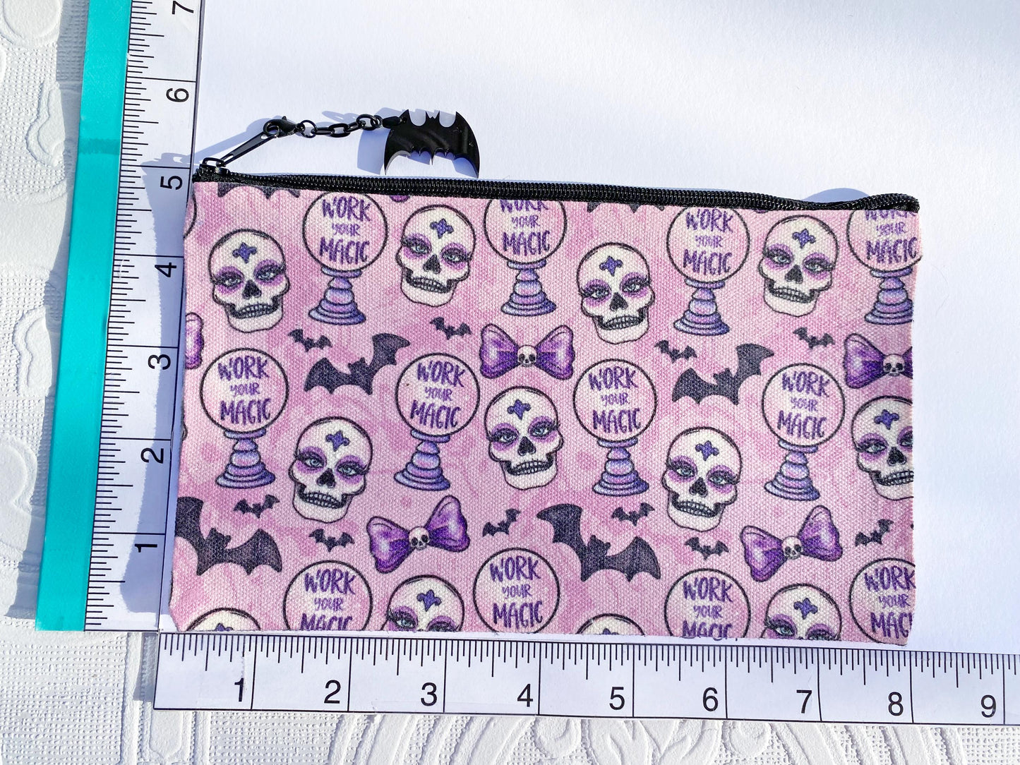 Makeup Bag, Cosmetic Bag, Pencil Bag ~ Goth Theme!  Super Cool and Unique bag, ~ Bats, Skeletons, Crystal Ball in Pink and Purples