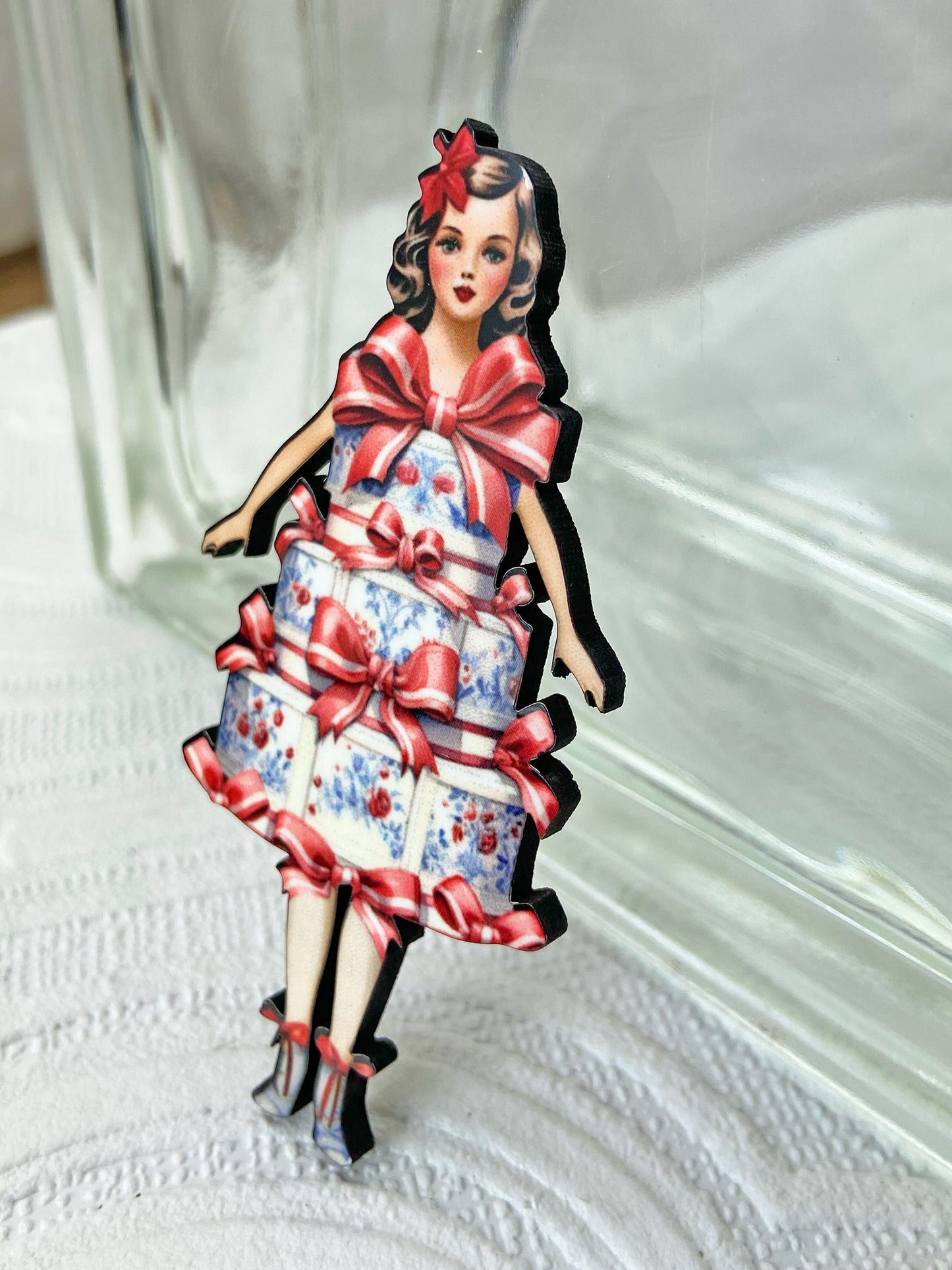 Fabulous Cake Girl Pin / Brooch ~ Laser Cut Illustration Wood, Lightweight, Great Gift Idea ~ Delightful Girl Wearing a Cake, Blue and Red