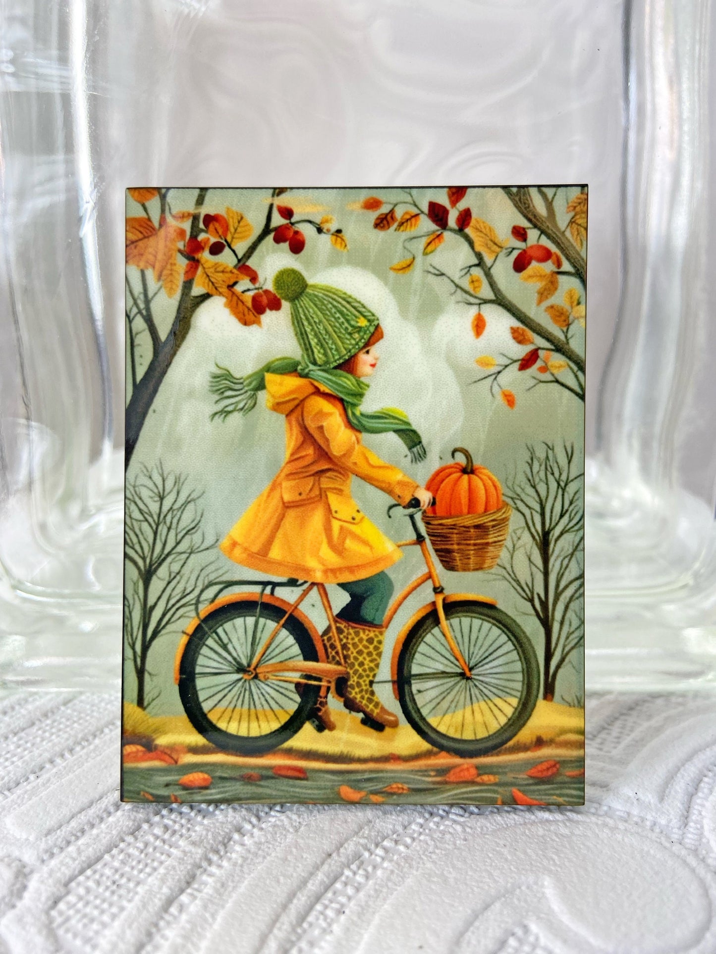 Lovely Fall Scene Illustrated Brooch / Pin ~ Girl Bike Riding with Pumpkin in Basket, Fall Colors & Theme ~ Laser Cut Wood, Sublimated Image