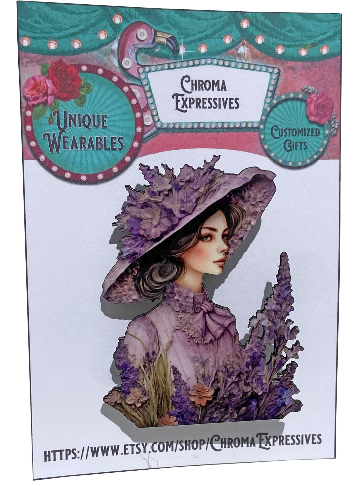 Purple Pleasure, Beautiful Handcrafted Brooch / Pin ~ Vintage Victorian Woman with Hat in Flower Field, Wearable Art ~ Superior Process