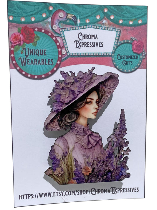 Purple Pleasure, Beautiful Handcrafted Brooch / Pin ~ Vintage Victorian Woman with Hat in Flower Field, Wearable Art ~ Superior Process