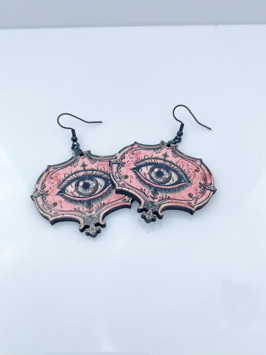 All-Seeing Eye Earrings – Sublimated Laser Cut Wood | Gothic Jewelry for the Mystical & Macabre