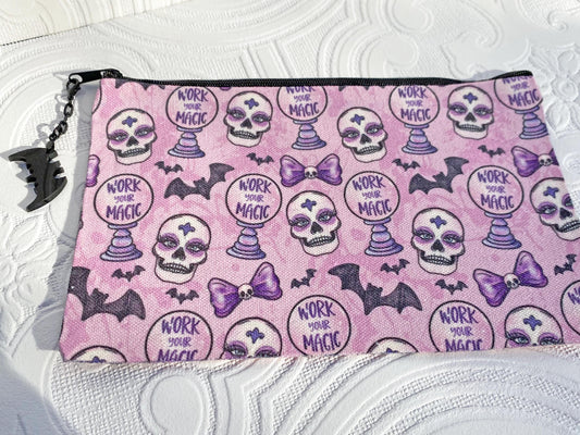 Makeup Bag, Cosmetic Bag, Pencil Bag ~ Goth Theme!  Super Cool and Unique bag, ~ Bats, Skeletons, Crystal Ball in Pink and Purples