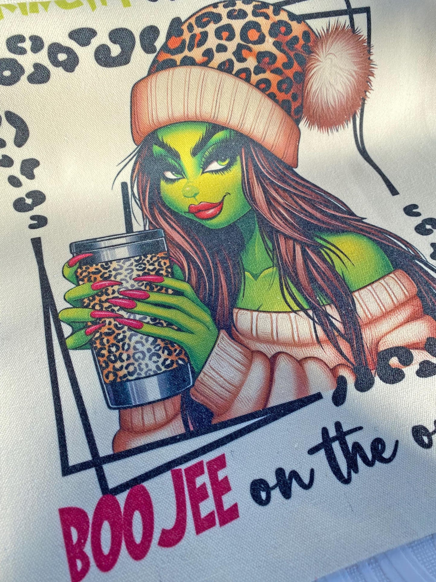 Unique Canvas Tote Bag ~ Grinchy on the Inside, Boojee on the Outside ~ Beautiful Design, Pretty Grinch Woman Drinking Coffee