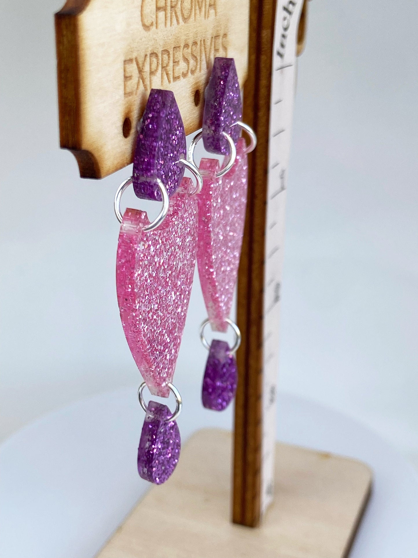 Lovely Purple and Pink Glitter Acrylic Dangle Earrings ~ Sparkly, lightweight, Perfect for work our a night out.  Great gift idea.
