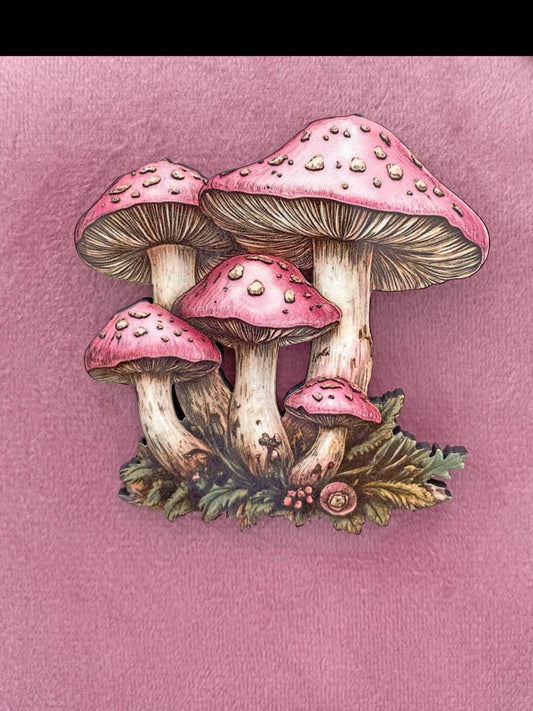 Pink Mushroom Brooch – Sublimated Art on Laser Cut Wood | Whimsical Woodland Jewelry for Cottagecore Lovers