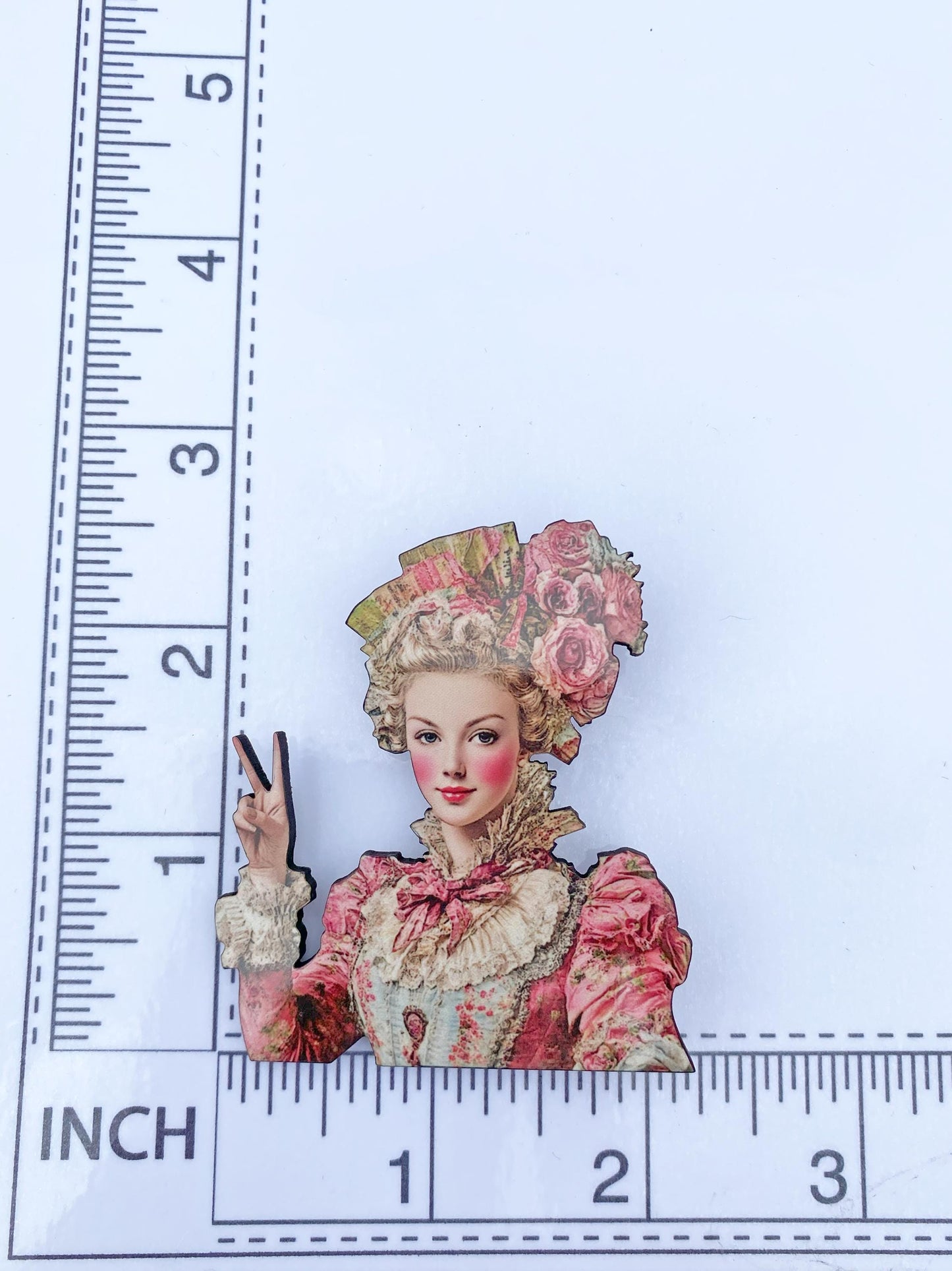 Peace, Powder & Petticoats Brooch – Marie Antoinette Laser Cut Wood with Sublimated Design | Playful Rococo-Inspired Statement Pin