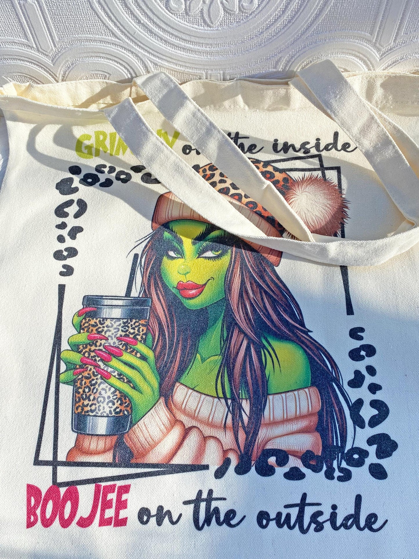 Unique Canvas Tote Bag ~ Grinchy on the Inside, Boojee on the Outside ~ Beautiful Design, Pretty Grinch Woman Drinking Coffee