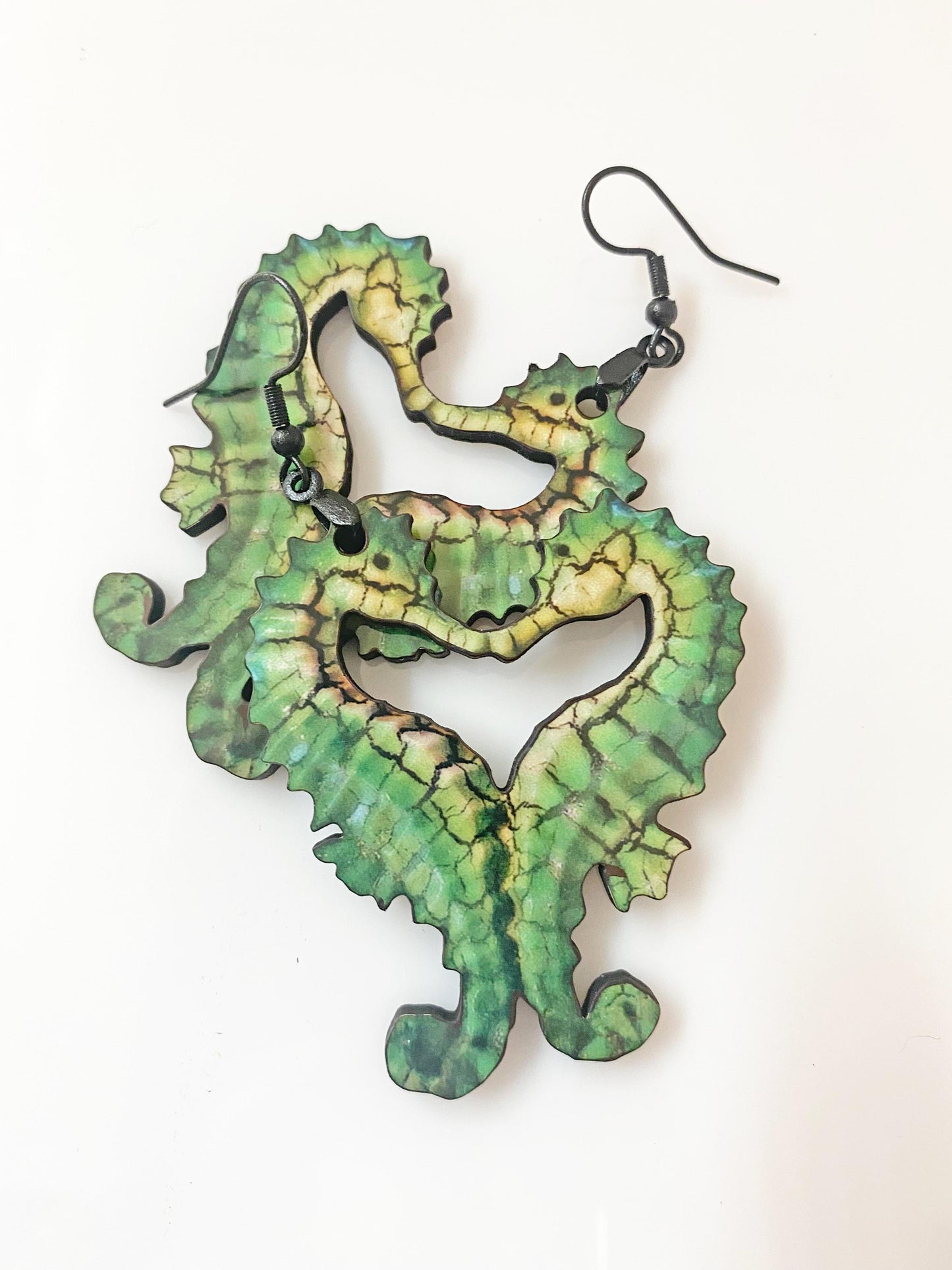 Handmade Wooden Seahorse Heart Earrings – Laser Cut & Sublimated for Durability – Ocean-Inspired Statement Jewelry