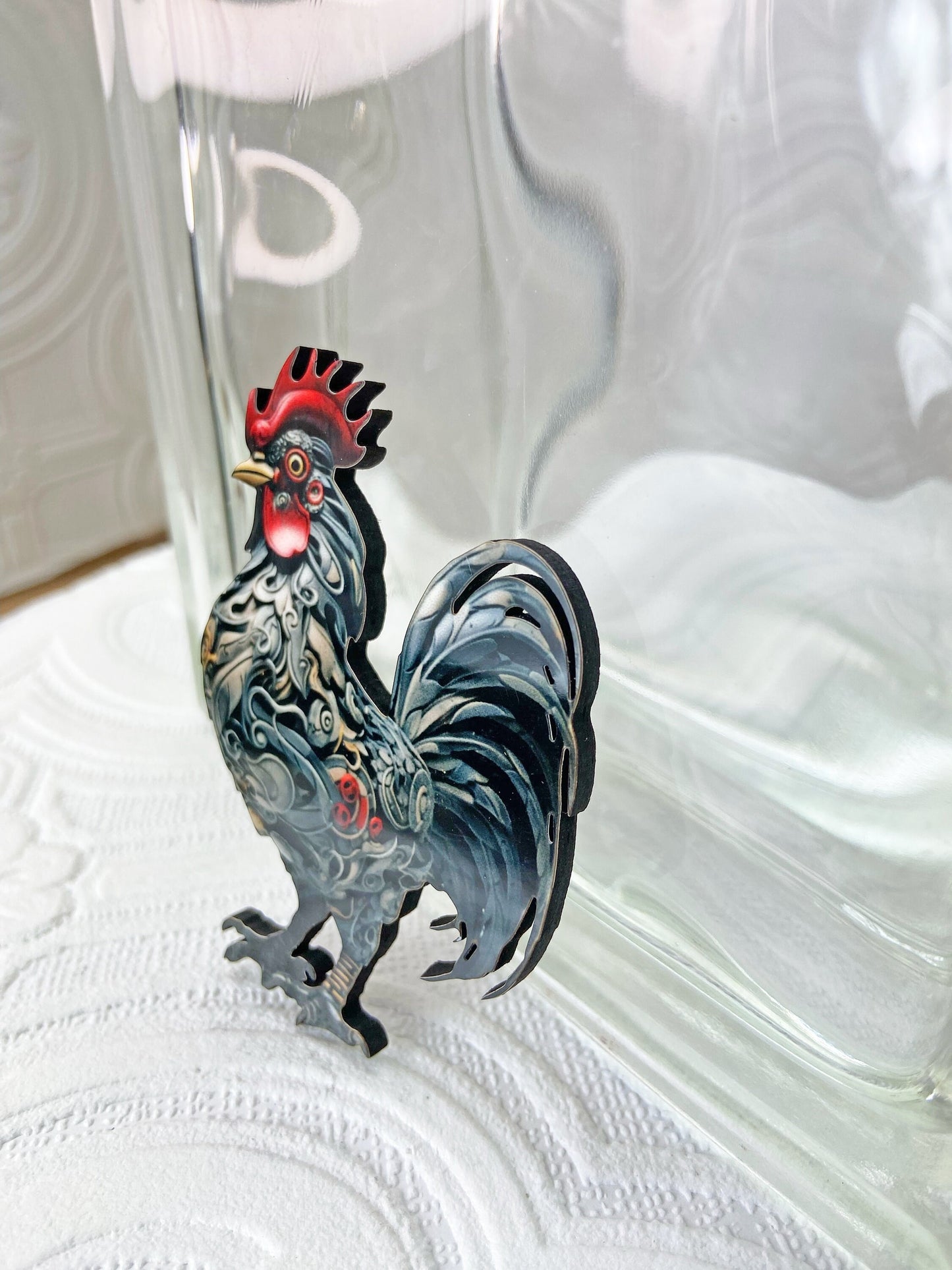 Steampunk Rooster Brooch ~ Cool Grey and Red Brooch, Rooster Lovers Jewelry, Great Gift Idea, Laser Cut Wood