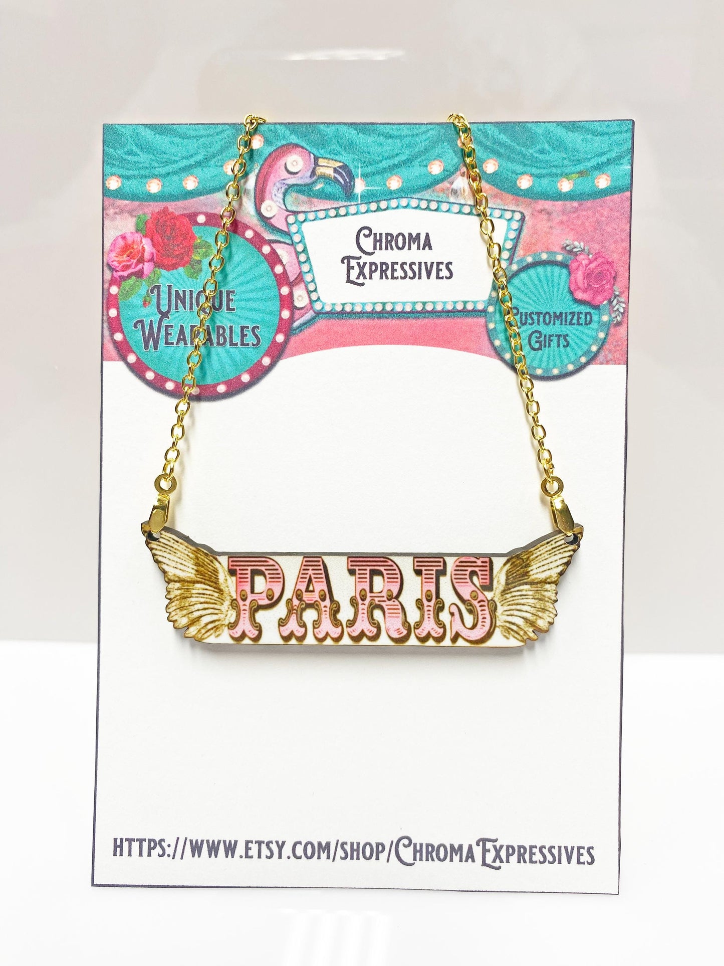 Paris Winged Necklace – Handmade Vintage-Inspired Wooden Pendant with Gold Chain – Sublimated for Durability