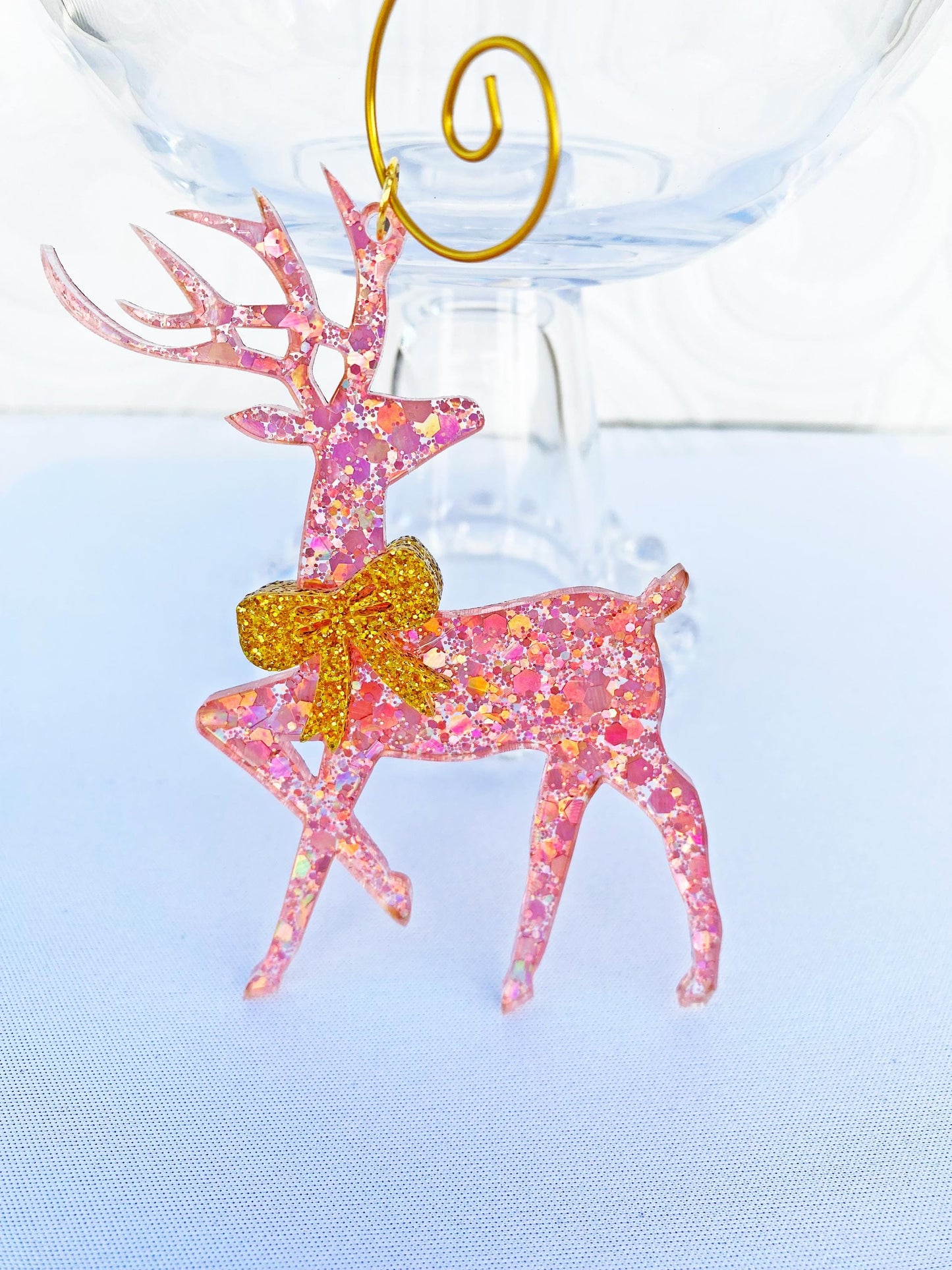 Beautiful Pink Reindeer Tree Ornaments (3) ~ Delux Glitter Acrylic, Very Sparkly, Bow's on Both Sides
