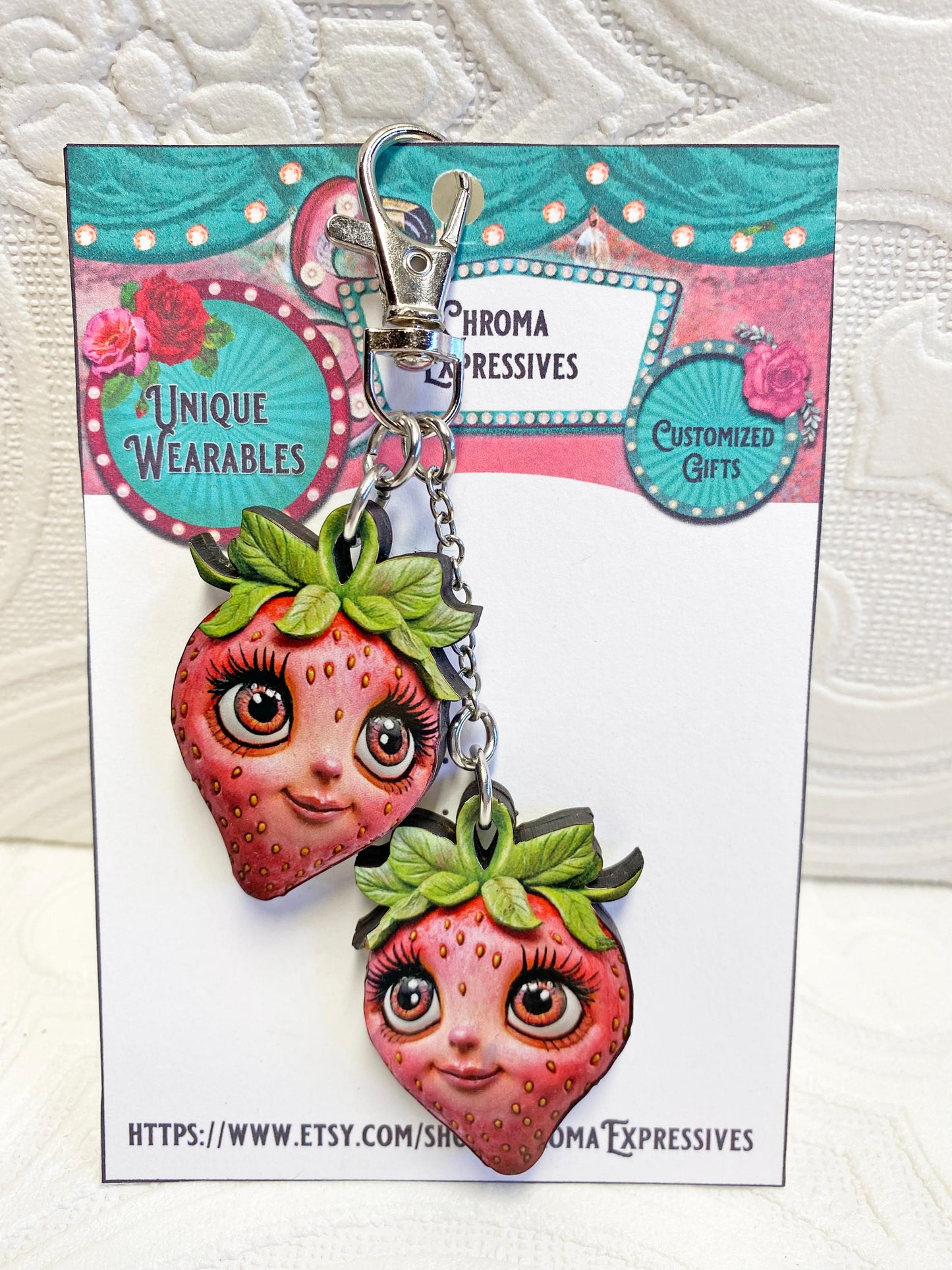 Whimsical Strawberry Faces Keychain or Purse / Backpack FOB ~ Double Strawberries with Images on all Sides / Unique to our Shop!
