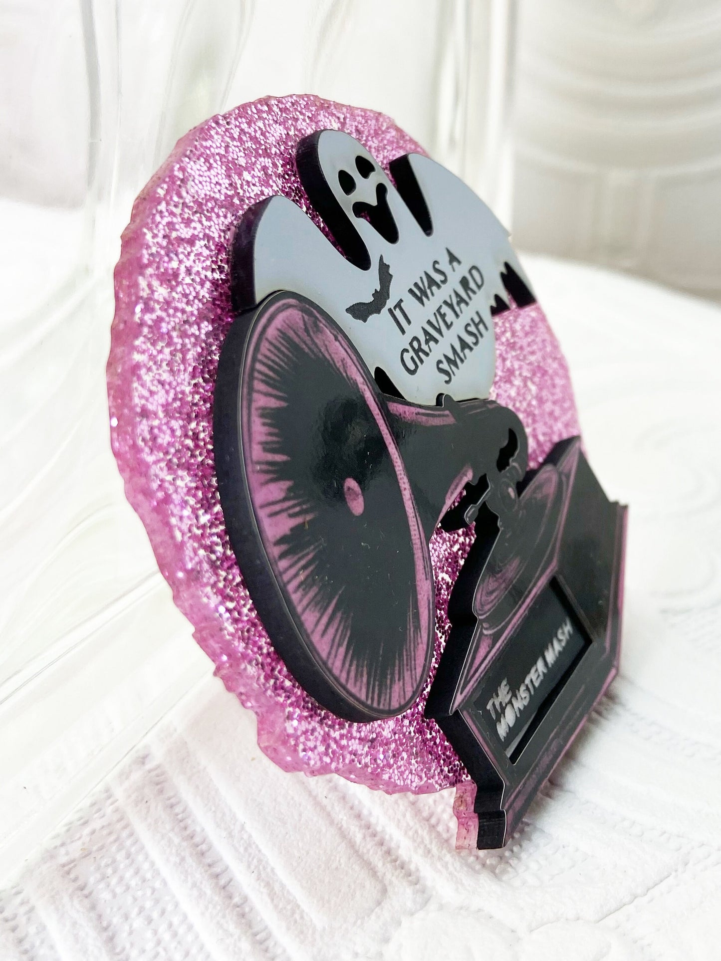 Spooky Brooch, It was a Graveyard Smash, the Monster Mash. Delightful and Impressive.  Laser Cut Wood and Acrylic, Sublimated Illustration.