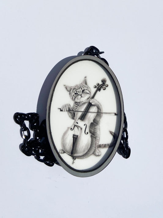 Cool Cat Playing the Cello Necklace, Musical Feline, Gift for Cat Lover, Gift for Cello Lover, Laser cut wood, Sublimation Image