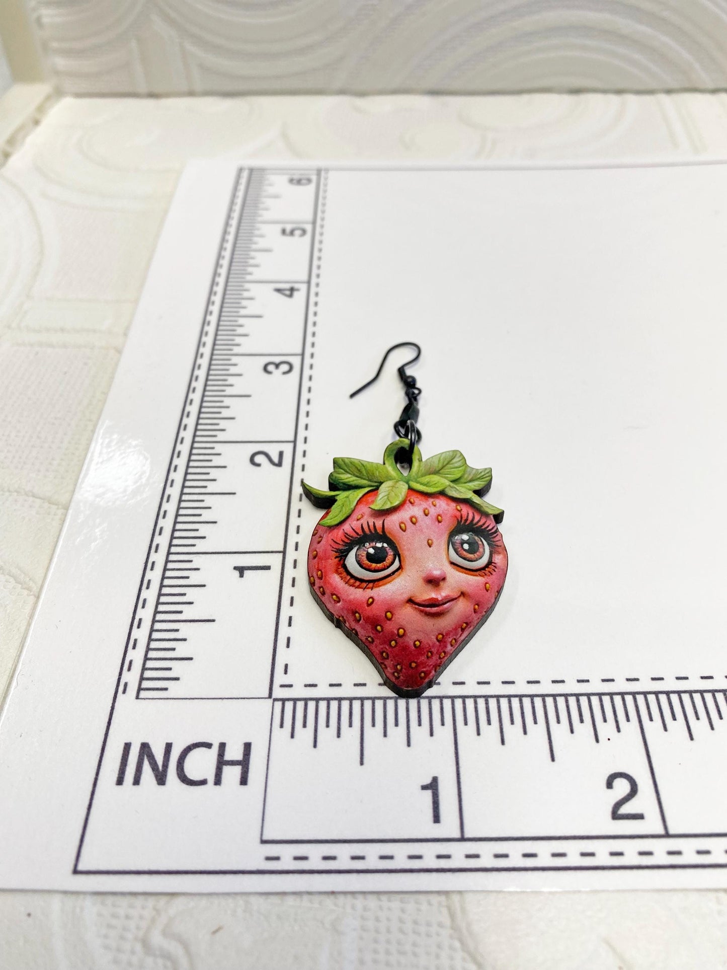 Strawberry Earrings, Whimsical, Weird and Wonderful!  Laser Cut Wood, Sublimated Image.  Pierced or Clip-on