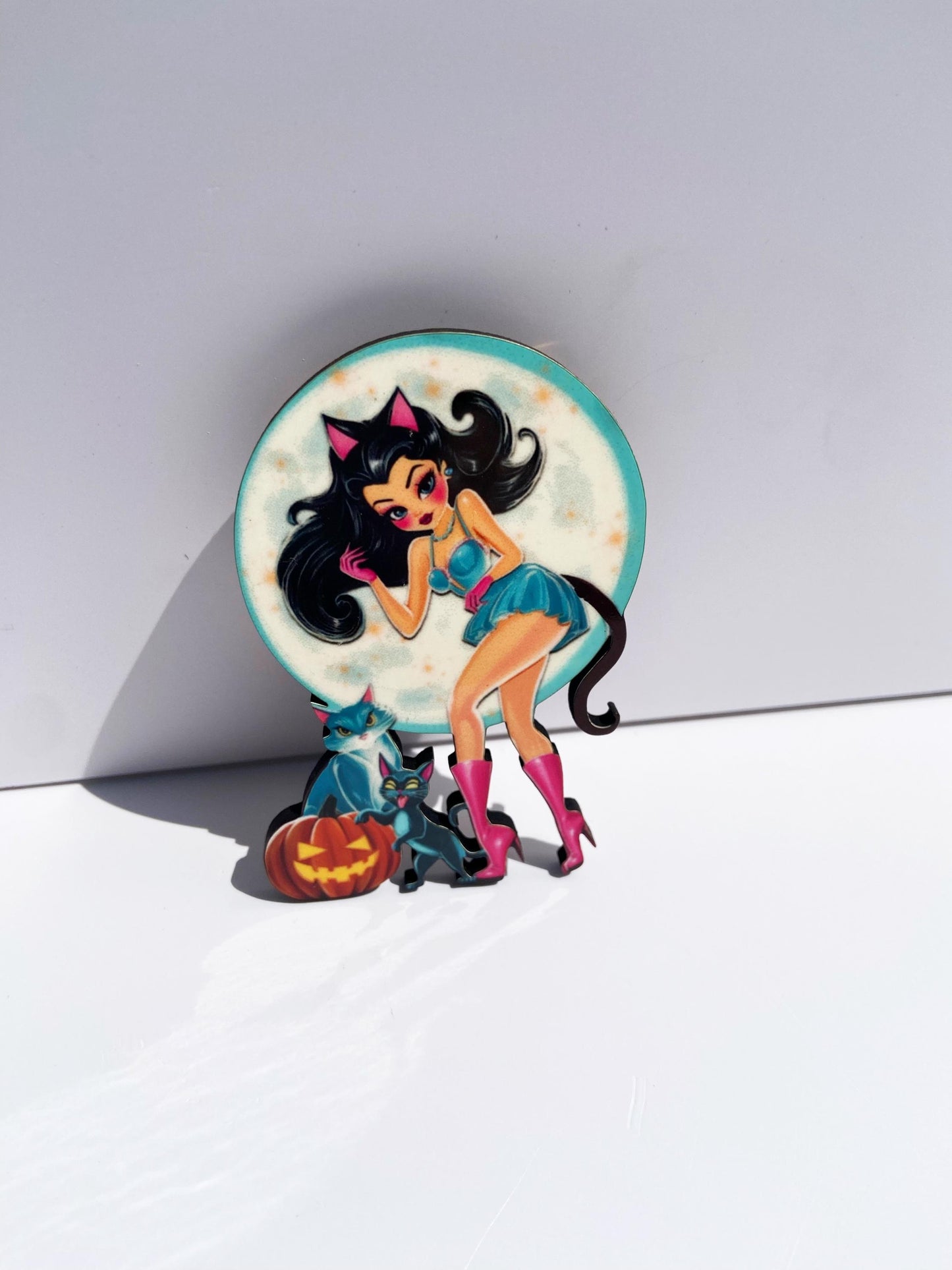 Cat Lady Halloween Brooch / Pin, Illustrated Art, Wearable Art, Spooky Season Jewelry, Cat Lover Gift, Pumpkin and Kittens