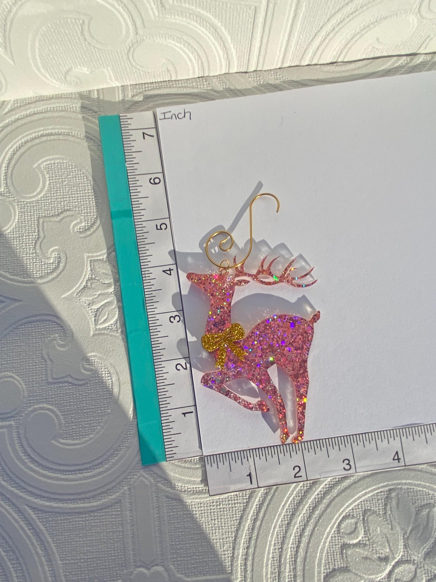 Beautiful Pink Reindeer Tree Ornaments (3) ~ Delux Glitter Acrylic, Very Sparkly, Bow's on Both Sides