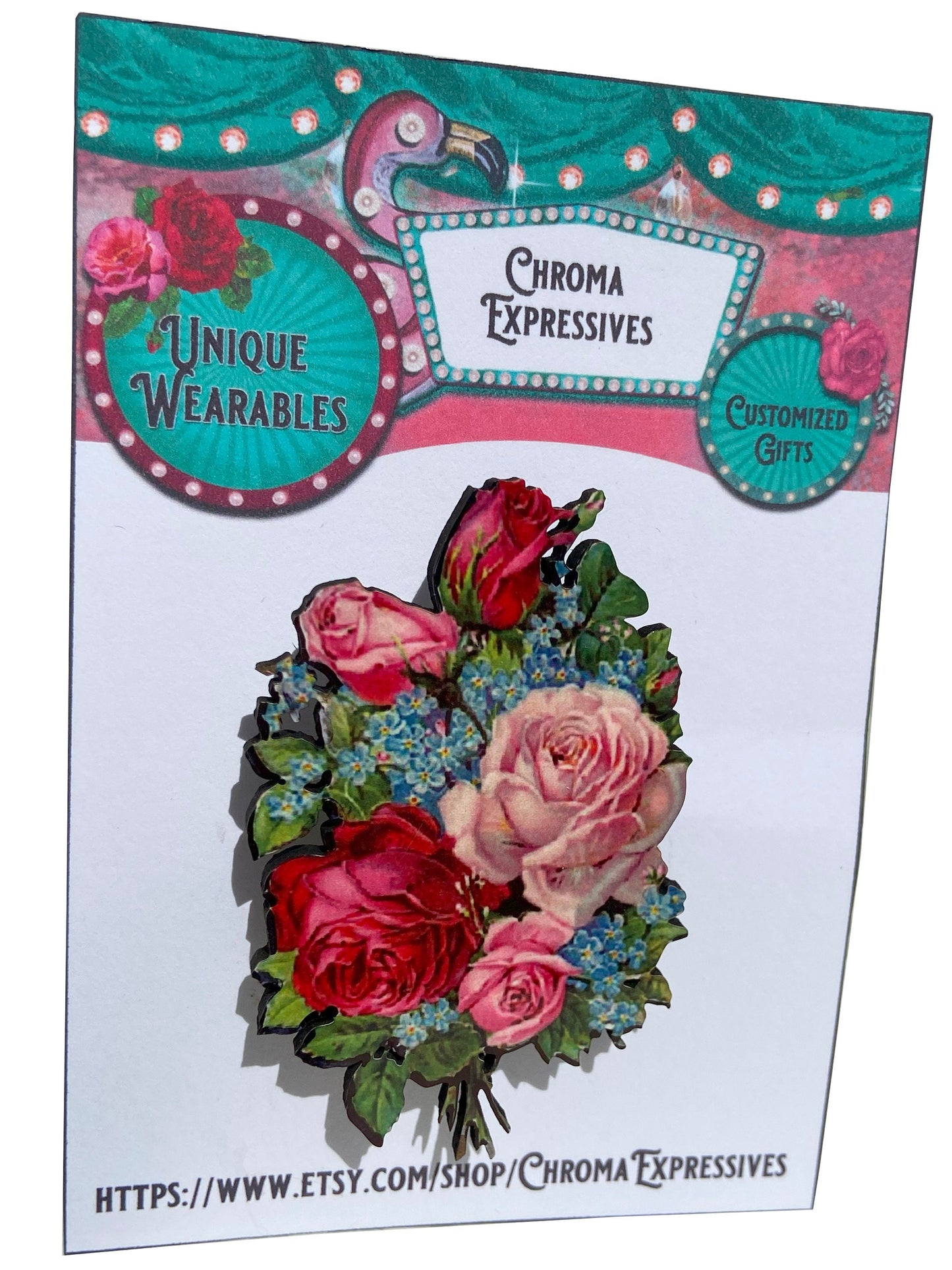 Lovely Unique Wooden Illustration Brooch / Pin, Floral Bouquet in Pink, Rd and Blue, Great Gift Idea, Roses, Gift for Mom, Wife, Friend