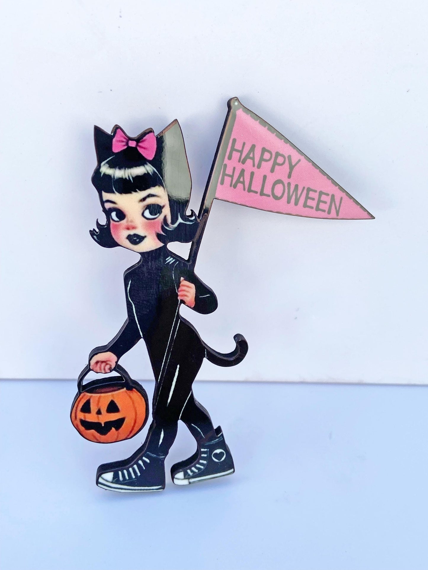Brooch, Adorable Vintage Halloween Girl Trick or Treating in Cat Outfit ~ Spooky Season Pin ~ Nostalgic Pumpkin Treat Bag ~ Laser Cut Wood