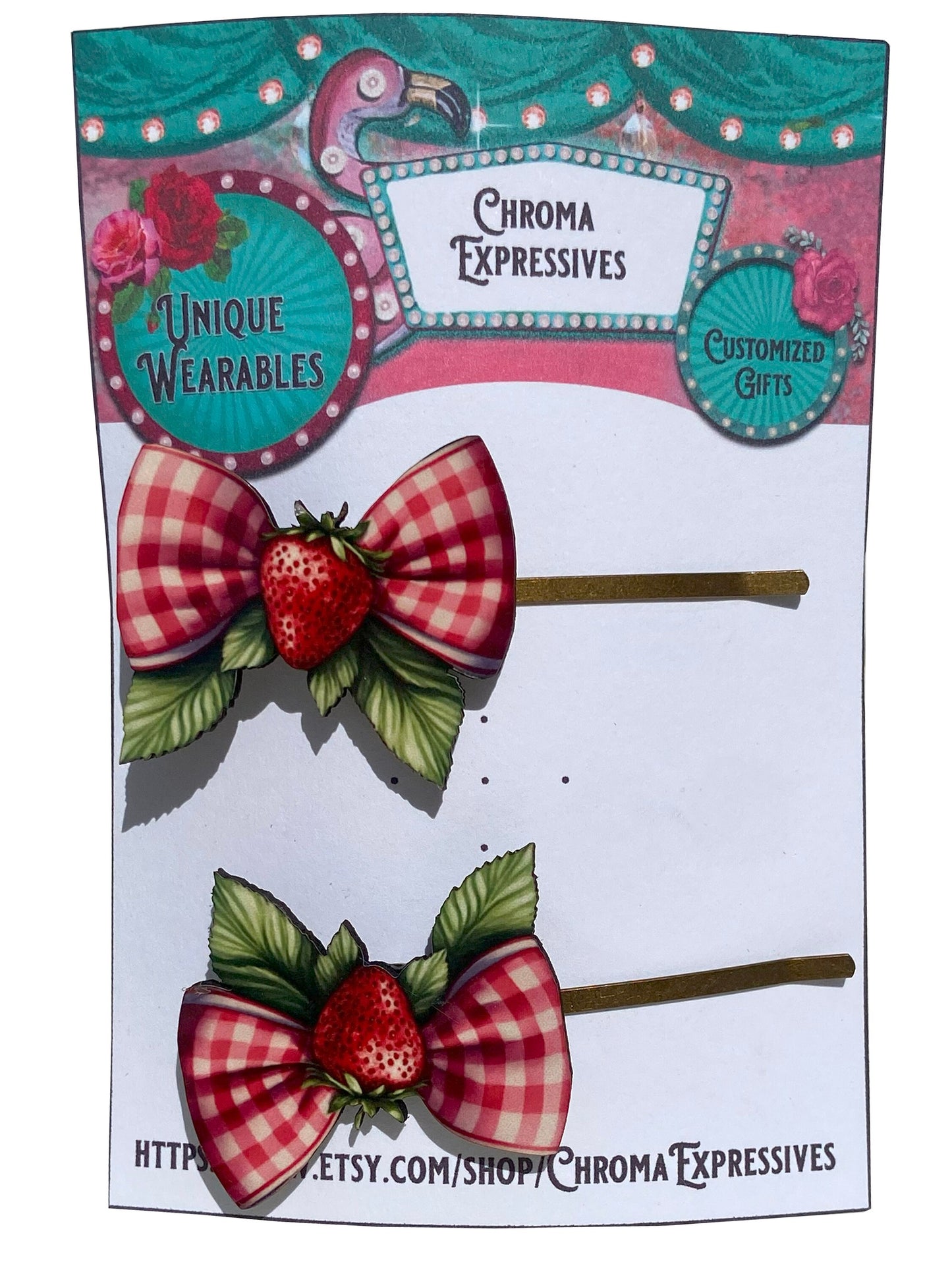 Strawberry Bow Bobby Pins ~ Perfect for Spring and Summer ~ Wearable Art ~ Gift Idea, Superior Process, Laser Cut Wood, Sublimation