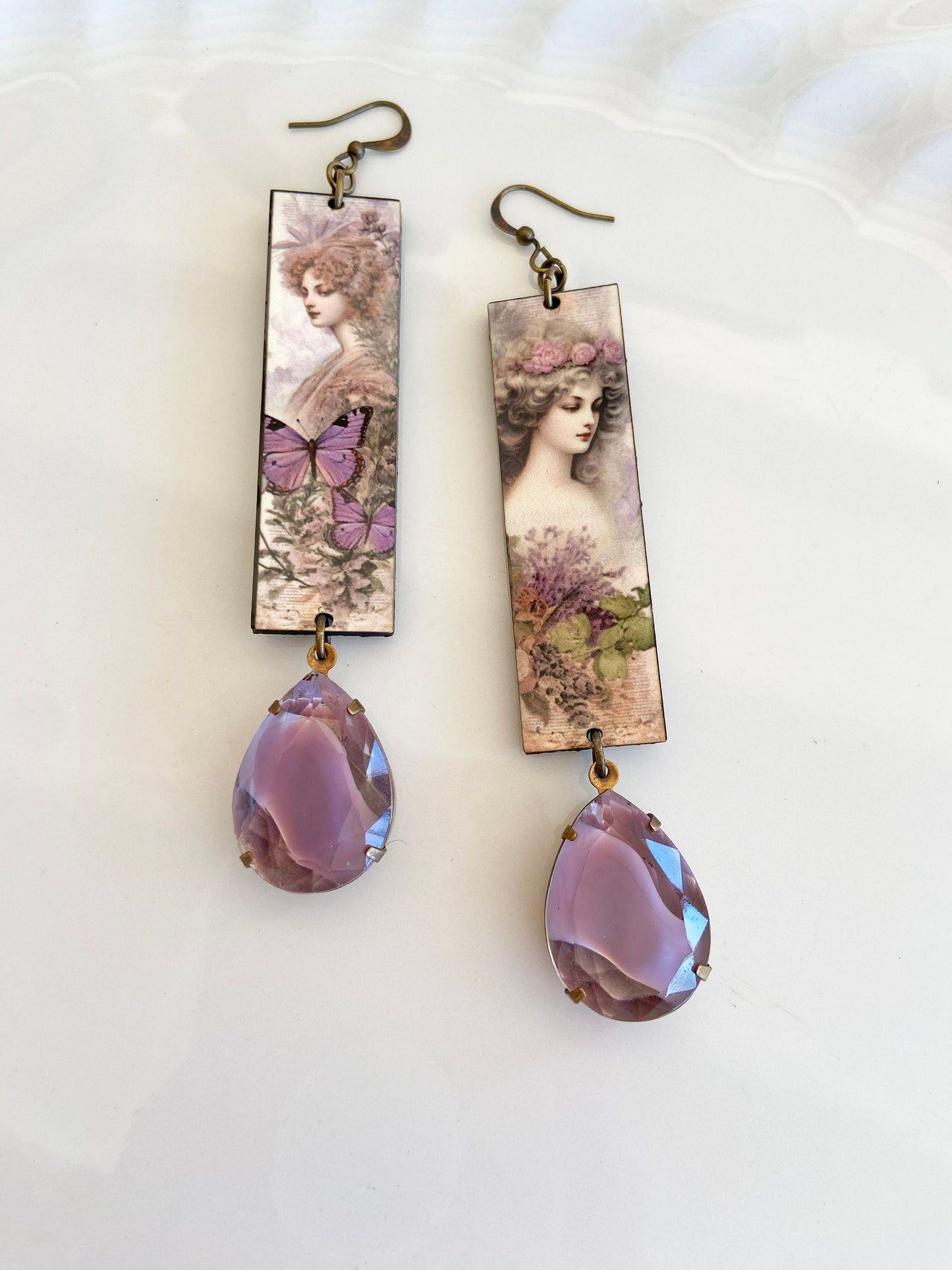 Lovely Handmade Dangle Earrings Featuring Vintage Victorian Ladies in Purple.  Each side is different, Vintage Purple Givre Rhinestone
