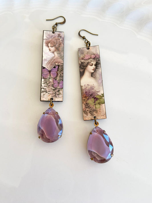 Lovely Handmade Dangle Earrings Featuring Vintage Victorian Ladies in Purple.  Each side is different, Vintage Purple Givre Rhinestone