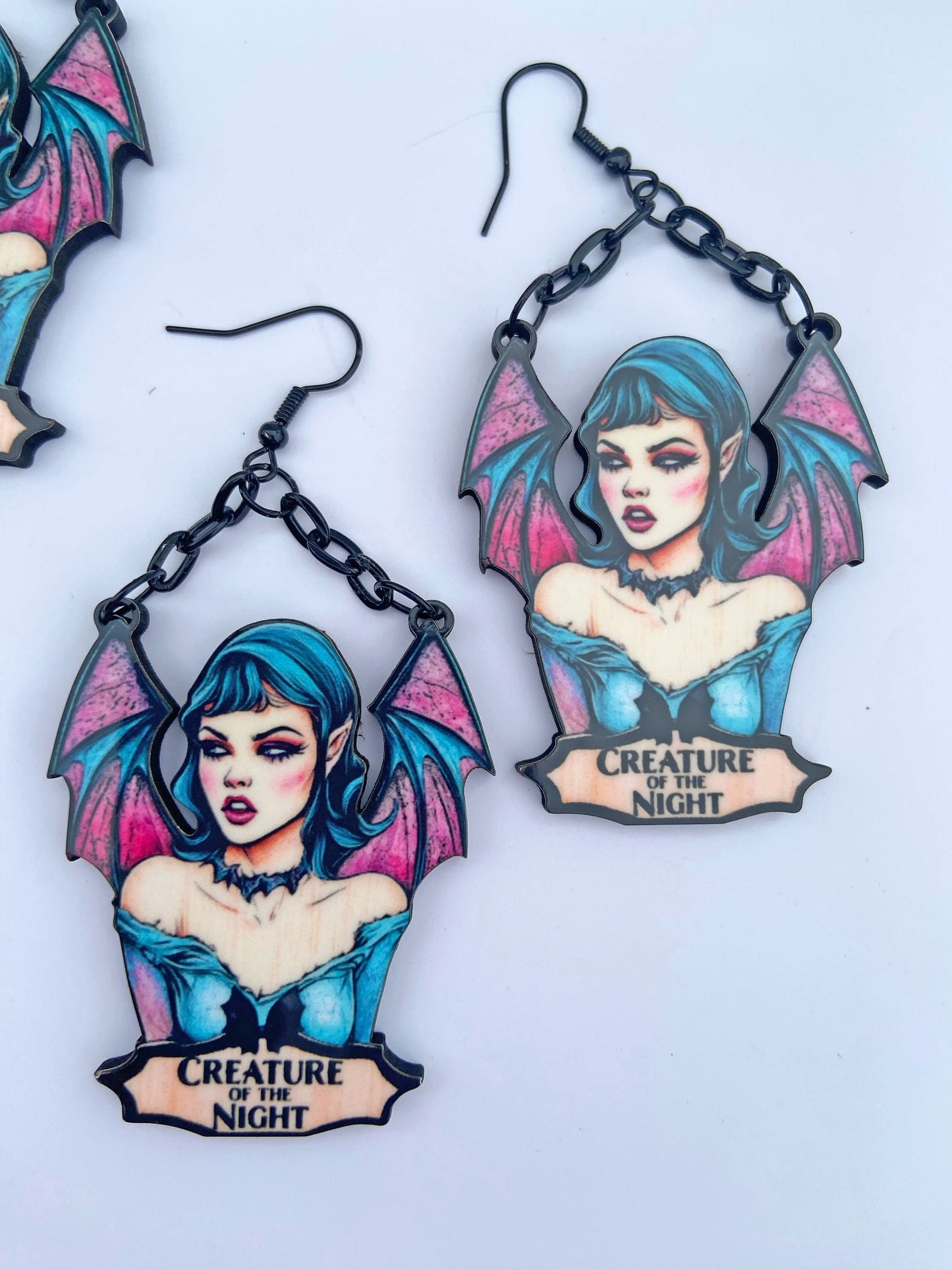 Illustration Art Bat Necklace, Earrings or Brooch ~ Bat Woman / Girl, Creature of the Night ~ Blue and Pinks, Great Gift Idea