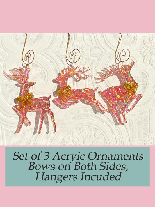 Beautiful Pink Reindeer Tree Ornaments (3) ~ Delux Glitter Acrylic, Very Sparkly, Bow's on Both Sides