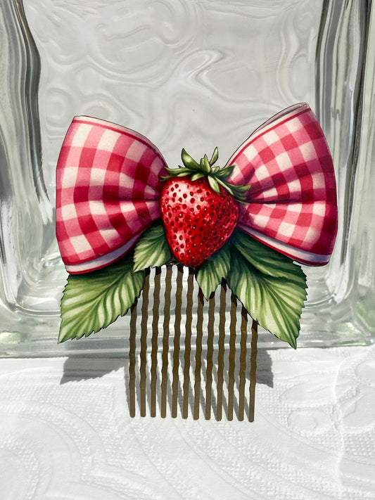 Handmade Strawberry Bow Hair Decorative Comb ~ Red and White Checkered Bow, Laser Cut Design in Wood, High quality image with Sublimation