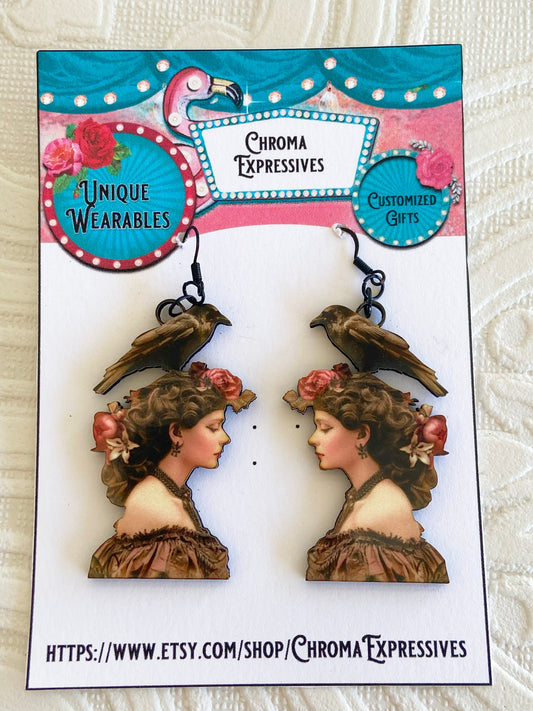 Woman with Crow / Raven on her Head Unusual earrings ~ Victorian Beauty with Flowers in Hair, Unique Gift Idea.